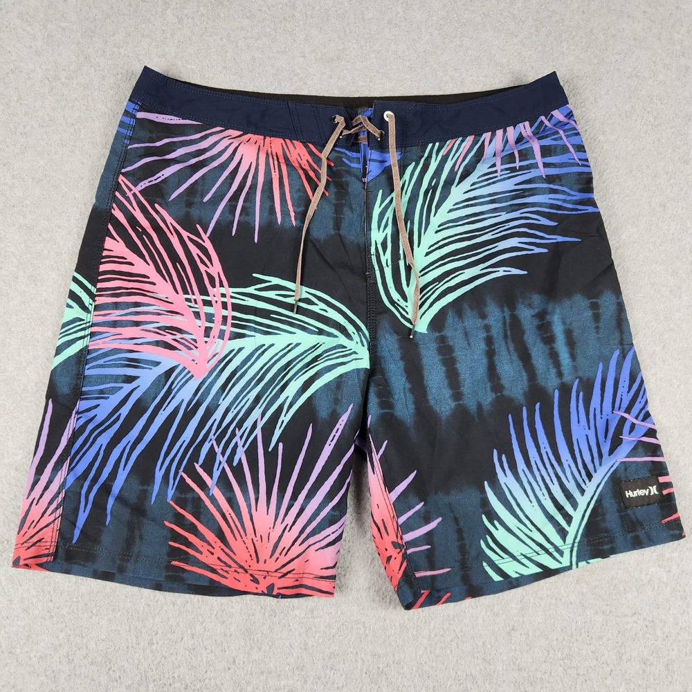 Hurley Swim Board Shorts Mens 34 Multicolor Palm Leaf Tie Dye Summer 7" Inseam